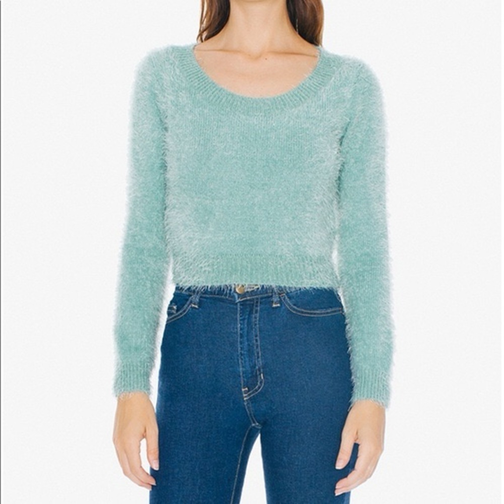 American Apparel Cali Sun and Fun Bunny Holiday Teal Fuzzy Sweater!